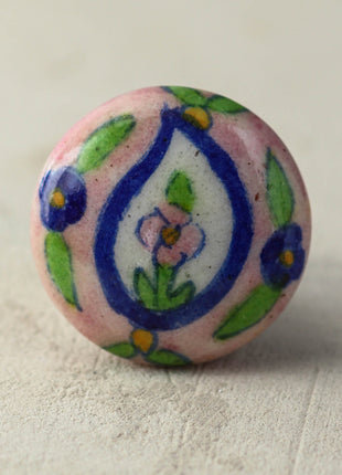 Handmade Pink Ceramic Knob With Blue And Green Design