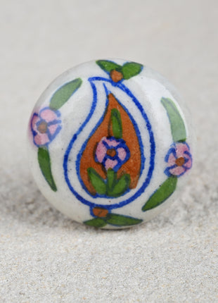 Handmade White Ceramic Knob With Brown And Green Design