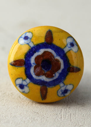 Handmade Yellow Door Knob With Brown And Blue Flower
