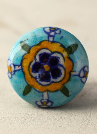 Turquoise Handmade Door Knob With Yellow And Blue Print