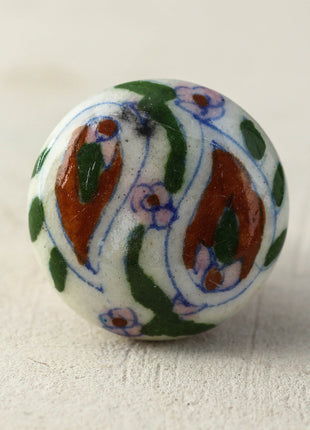 Handmade White Ceramic Drawer Knob With Multicolor Print
