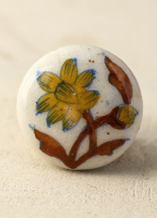 Blue Pottery White Knob with Yellow Flowers and Brown Leaves