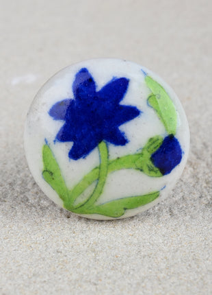 Elegant White Blue Pottery Knob With Blue Flower