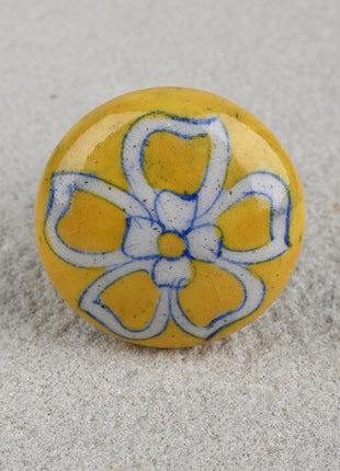 Stylish Yellow Door Blue Pottery Knob With White Flower