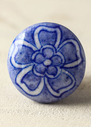 Designer Purple Drawer Blue Pottery Knob With White Flower