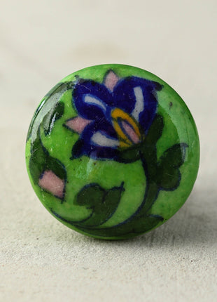 Green Ceramic Blue Pottery Drawer Knob With Blue Flower