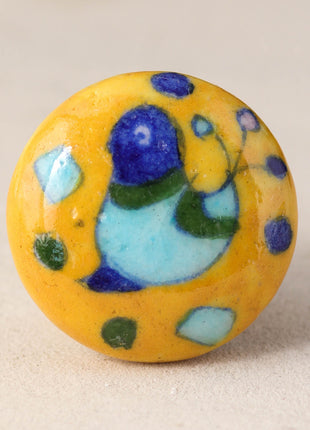 Yellow Base Ceramic Blue Pottery Knob With Hand Painted Bird