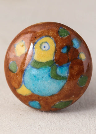 Brown Ceramic Blue Pottery Door Knob With Hand Painted Bird