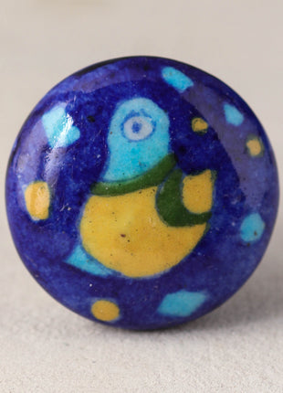 Blue Ceramic Blue Pottery Knob With Hand Painted Bird