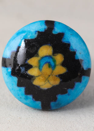 Turquoise Ceramic Blue Pottery Knob With Black And Yellow Patchwork