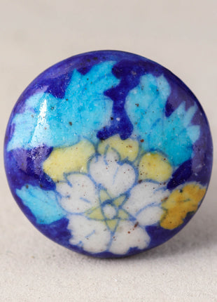 Blue Ceramic Blue Pottery Knob With Multicolor Floral Print