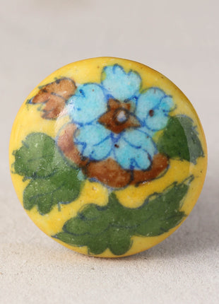Yellow Ceramic Blue Pottery Knob With Turquoise And Green Floral Print