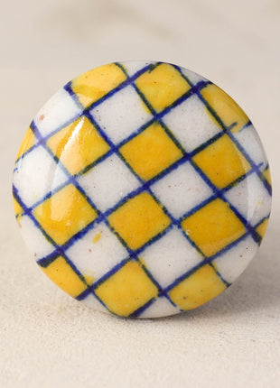 Yellow and White Checkerboard Blue Pottery Cabinet Knob