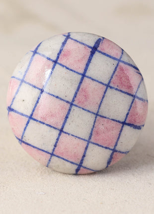 Pink And White Checkerboard Ceramic Blue Pottery Dresser Cabinet Knob