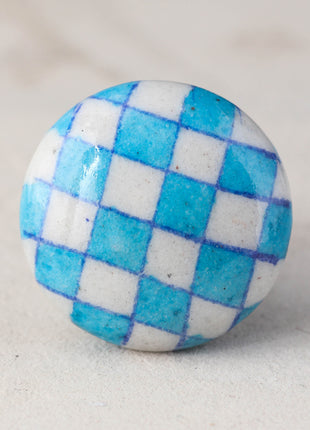 Turquoise And White Checkerboard Ceramic Blue Pottery Drawer Knob