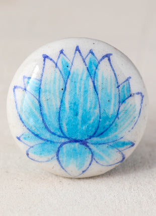 White Ceramic Blue Pottery Dresser Cabinet Knob With Turquoise Lotus Flower