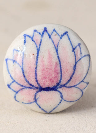 White Ceramic Blue Pottery Dresser Cabinet Knob With Pink Lotus Flower