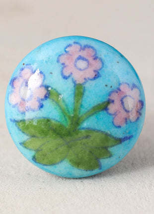 Turquoise Ceramic Drawer Knob with Pink Paisley Flower