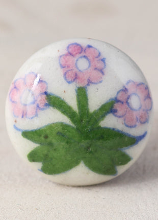 White Ceramic Blue Pottery Drawer Knob with Pink Paisley Flower