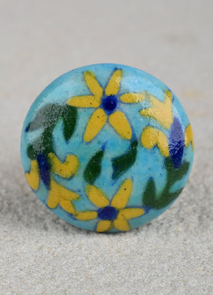Turquoise Ceramic Blue Pottery Kitchen Cabinet Knob With Multicolor Print