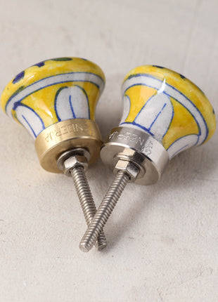 Yellow Ceramic Blue Pottery Kitchen Cabinet Knob With Multicolor Print