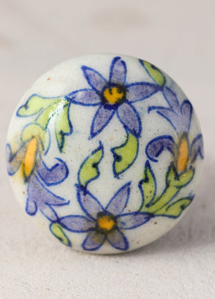 White Ceramic Blue Pottery Drawer Knob With Purple Flower