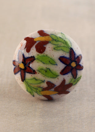 Handmade Brown Flower On White Ceramic Blue Pottery Drawer Knob