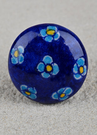 Handmade Small Turquoise Flowers On Blue Ceramic Kitchen Cabinet Knob