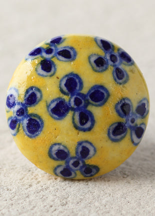 Handmade Blue Flowers On Yellow Ceramic Blue Pottery Drawer Knob