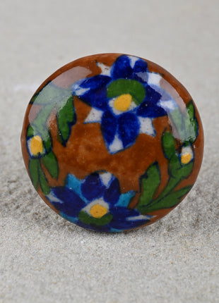 Handmade Brown Ceramic Drawer Knob With Blue Flower