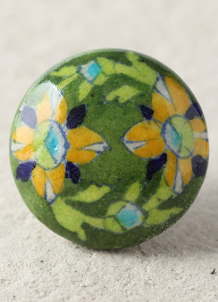 Handmade Green Ceramic Drawer Knob With Yellow And Blue Flower