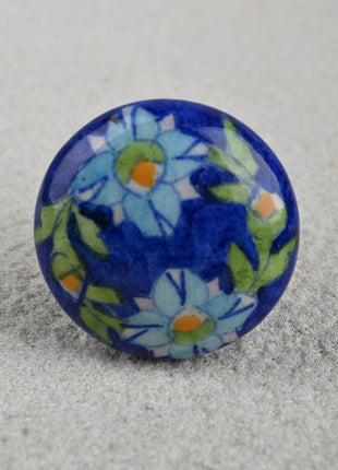 Handmade Blue Ceramic Kitchen Cabinet Knob With Turquoise Flower