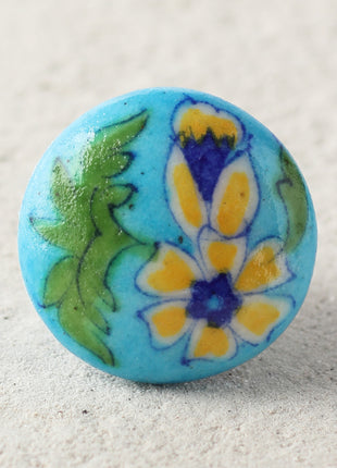 Stylish Turquoise Ceramic Blue Pottery Door Knob With Yellow Flower