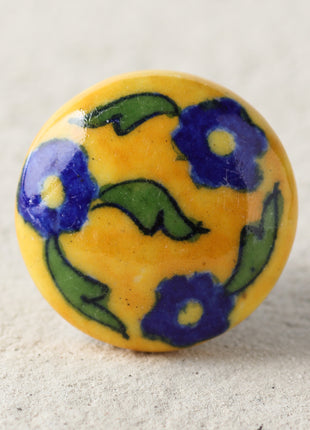 Handmade Yellow Ceramic Blue Pottery Drawer Knob With Blue Flower