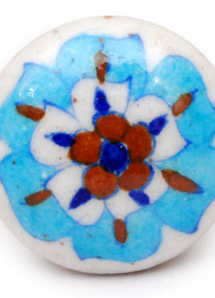 Turquoise And Red Flower On White Ceramic Blue Pottery Kitchen Cabinet Knob