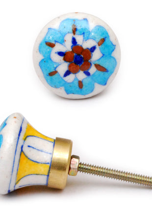 Turquoise And Red Flower On White Ceramic Blue Pottery Kitchen Cabinet Knob
