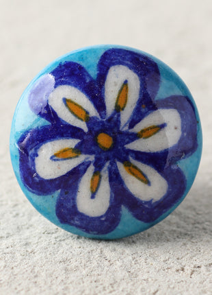 Blue And White Flower On Turquoise Ceramic Blue Pottery Drawer Knob