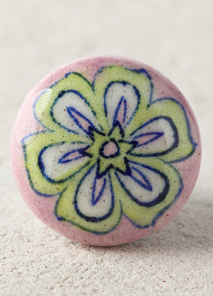 Lime Green And White Flower On Pink Ceramic Blue Pottery Drawer Knob