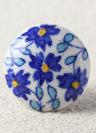 Handmade White Dresser Cabinet Knob With Blue Flowers And Turquoise Leaves