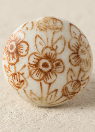 White Ceramic Blue Pottery Dresser Cabinet Knob with Brown Floral Print