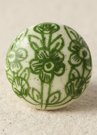 White Ceramic Blue Pottery Drawer Knob With Green Floral Print