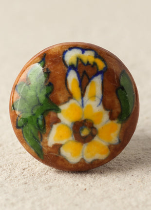 Handmade Yellow Flower On Brown Ceramic Blue Pottery Drawer Knob