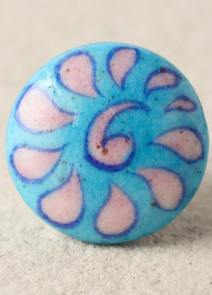 Handmade Turquoise Ceramic Blue Pottery Door Knob With Pink Flower