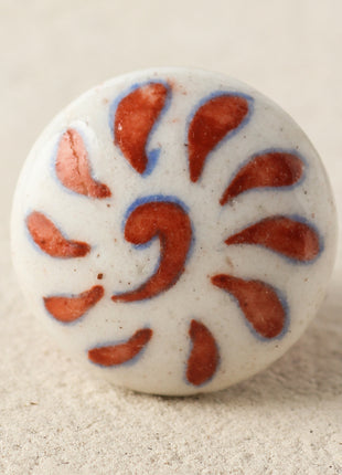 Handmade White Ceramic Blue Pottery Drawer Knob With Red Flower