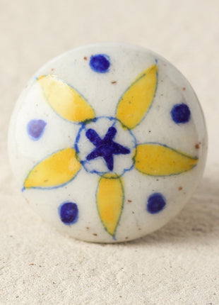 Stylish White Ceramic Blue Pottery Drawer Knob With Yellow Flower