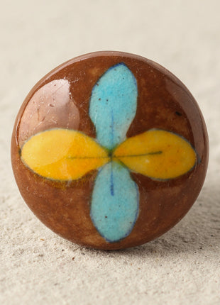 Stylish Brown Dresser Cabinet Knob With Yellow And Turquoise Petals