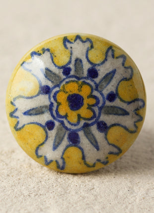 Handmade White And Blue Flower On Yellow Base Dresser Cabinet Knob
