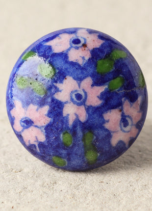 Pink Flower On Blue Base Ceramic Blue Pottery Kitchen Cabinet Knob