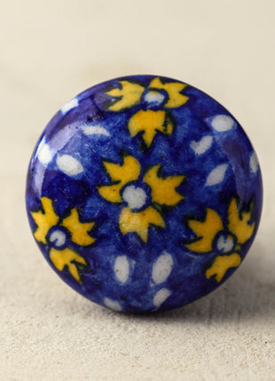 Handmade Small Yellow Flowers On Blue Ceramic Kitchen Cabinet Knob
