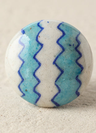 Zigzag White And Turquoise Ceramic Blue Pottery Drawer Knob